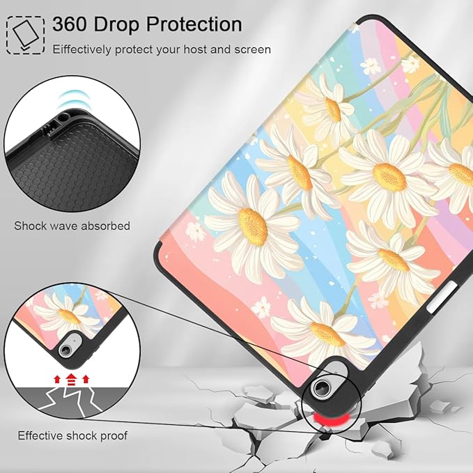 Mektron Case for iPad Air 11 inch (M4 2026 8th /M3 2025 7th /M2 2024 6th) Compatible with iPad Air 10.9 (2022 5th Gen /2020 4th Gen) Tablet Cover Buit in Pencil Holder Colorful Daisy