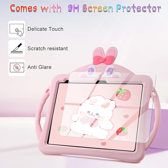 VOFUOE for iPad 10th Generation Case 10.9 Inch 2022 Kids Girls for iPad A16 Case 11th Generation 2025 with Screen Protector Shoulder Straps Handle Cute Rabbit Soft Silicone Tablet Cover-Pink