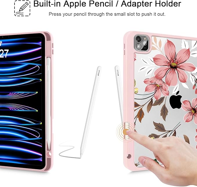 Mektron Case for iPad Pro 11 inch (4th 3rd 2nd &amp 1st Gen) 2022 2021 2020 2018 Buit in Pencil Holder with Shockproof Cover Clear Shell + Trifold Stand + Auto Wake/Sleep Floral C293