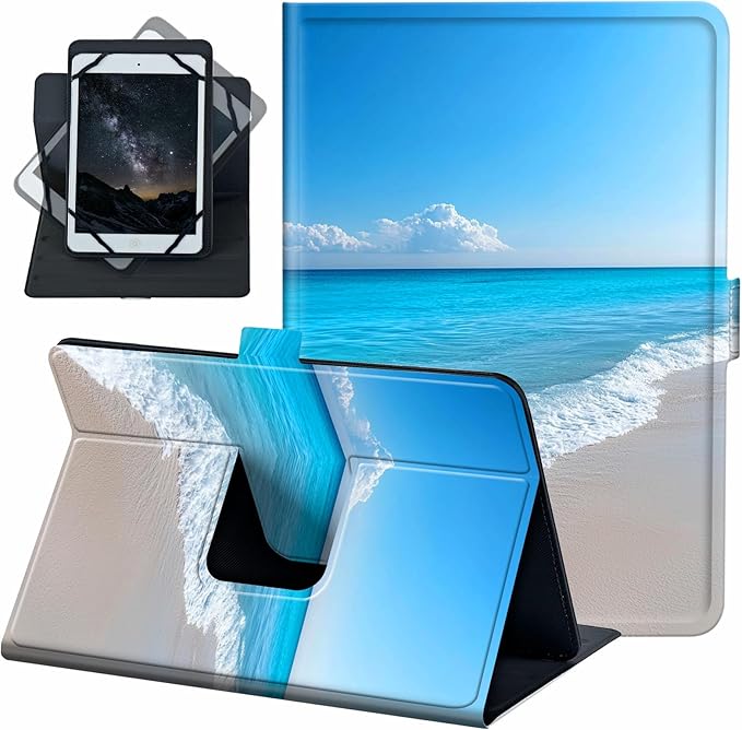 for Universal 10 10.1 Inch Android Tablet Case 360 Degree Rotating Leather Stand Folio Cover for iPad 9.7/10.2/10.5/Galaxy Tab 9-10.5/Fire HD10 &amp More 9.0-10.5 Inch TabletBlue Sea Beach