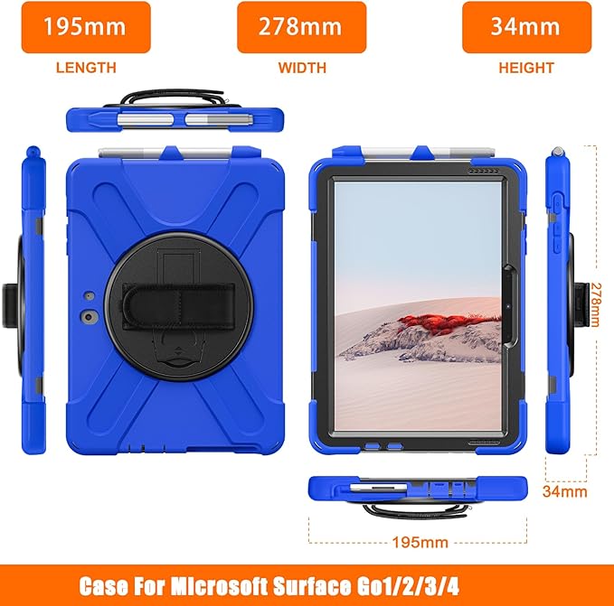 ZenRich Rugged Case for Surface Go 4 (2023)/Surface Go 3 (2021)/ Surface Go 2 (2020) Surface Go (2018) with Pen Holder Heavy Duty Shockproof Case with Stand Hand Strap and Shoulder Belt-Blue