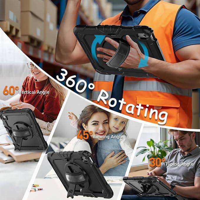 Weuiean Case for iPad A16 11th/10th Generation 11/10.9 Military-Grade Heavy-Duty Shockproof Cover with 360° Rotating Stand Built-in Pencil Holder &amp Adjustable Hand/Shoulder Strap - Black