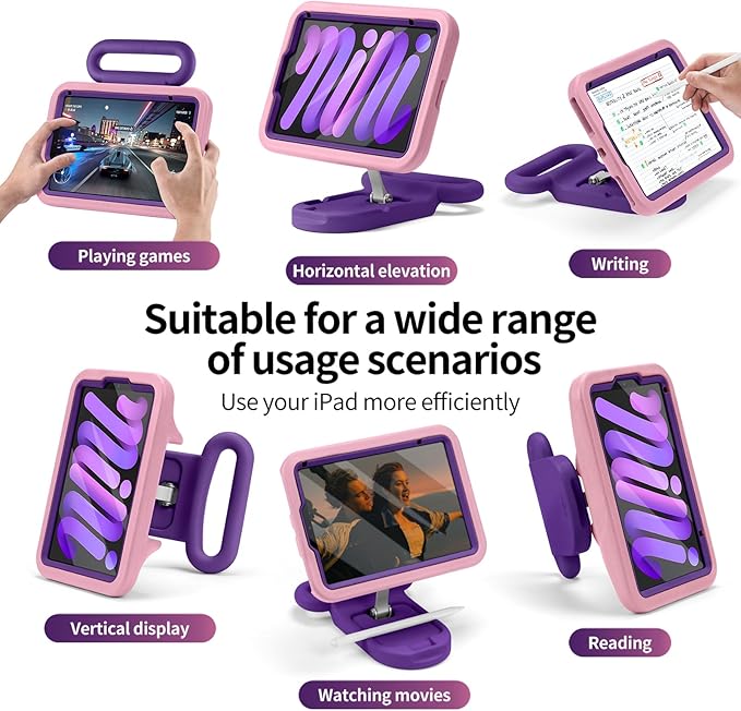 Kids Case for iPad mini 7 (A17 Pro) 2024 / iPad mini 6 2021 Adjustable Portrait/Landscape Stand Drop Proof Handle Kickstand Child Friendly with Screen Protector for iPad mini7th/6 8.3 inch(Pink)
