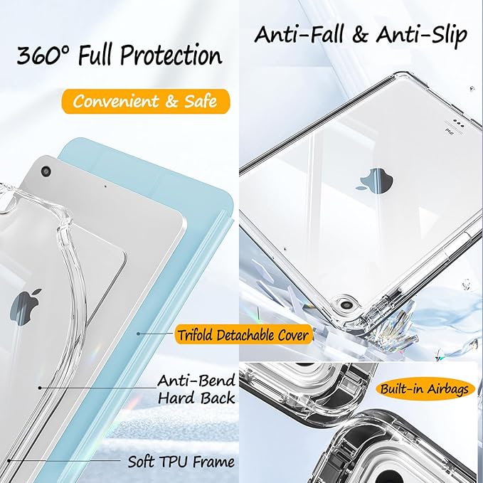 Slim Case for iPad 9th/8th/7th Generation 2021/2020/2019 (10.2 inch) Leather Case with Pencil Holder Slide Detachable Magnetic Trifold Stand Shockproof Protective Cute Clear Back Cover (Light Blue)