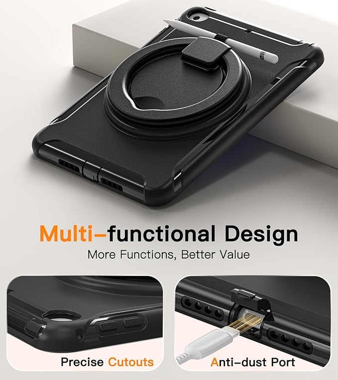 BATYUE Shockproof Case for iPad mini 4/5 (2015/2019) - 360° Multi-Angle Stand (Portrait &amp Landscape) &amp Grip Pencil Holder (Elastic Loop) Multi-Scene for All Ages Black
