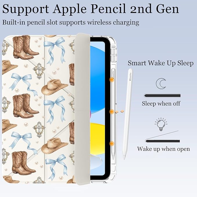 Cute Western Cowboy Bow for iPad Air5/Air4 Case with Pencil Holder Auto Sleep/Wake White Leather Acrylic Back Detachable Cover for iPad 10.9 Inch 2022/2020