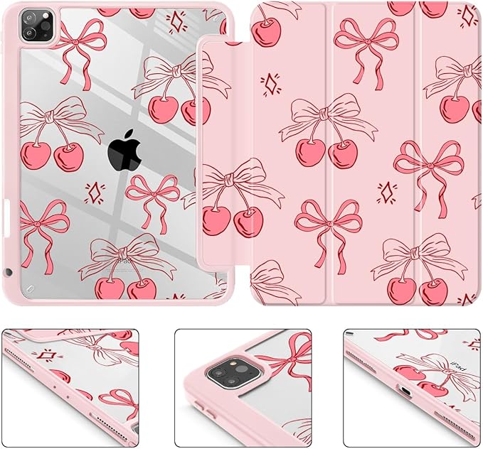 May Chen for iPad Pro 11 inch M2 4th Generation 2022 iPad Pro 11 3rd/2nd/1st Gen Built-in Pencil Holder with Shockproof Cover Clear Transparent Back Shell Auto Wake/Sleep Coquette Cherry Bow