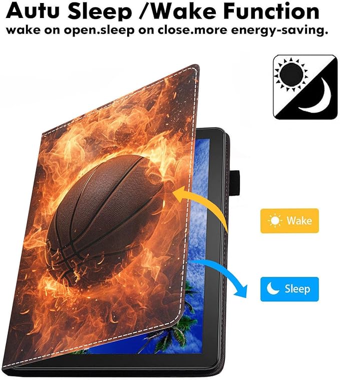 Case for Amazon Fire HD 10/HD 10 Plus Tablet 10.1 (13th/11th Generation 2023/2021 Release) Slim PU Leather Cover with Card Slot &amp Auto Wake/Sleep Burning Basketball