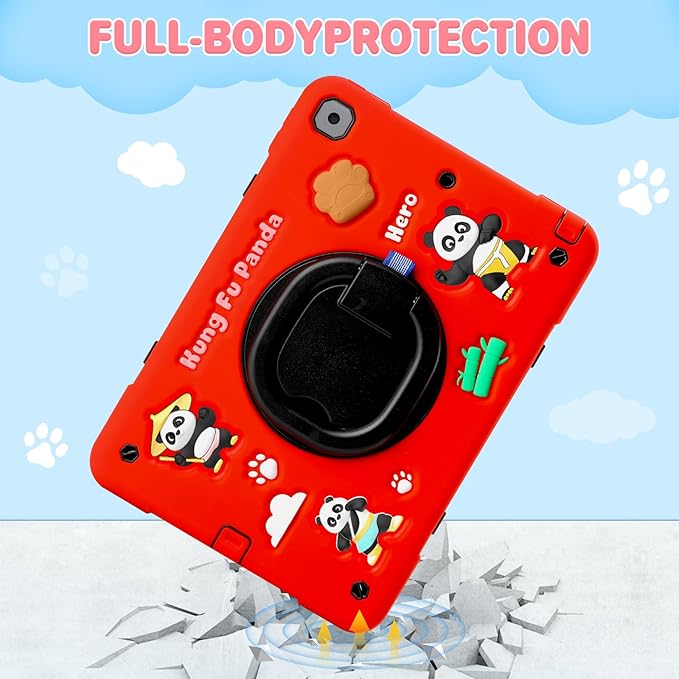 Case for iPad 9th/8th/7th GenerationCute 3D Cool Panda Warrior Design Cover with Screen Protector Rugged Protective Cartoon Case with Stand/Strap/Pen Slot for iPad 10.2 Kids Teens (Red+Black)
