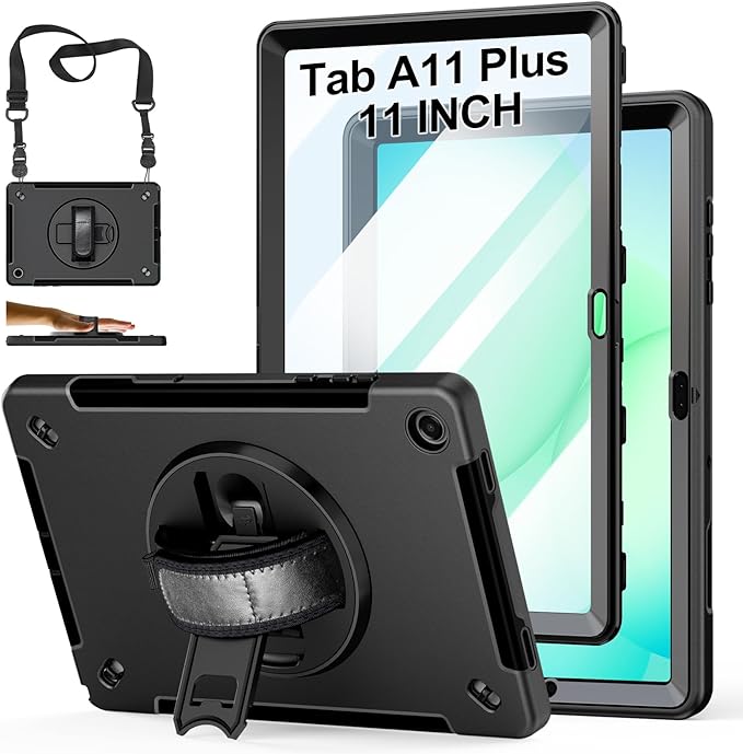 Case for Galaxy Tab A11 Plus 11 Inch: TPU Samsung Tablet A11+ Cover 2025 with 360° Rotating Stand- Screen Protector -Hand Strap - Shoulder Strap - Pencil Holder - Black