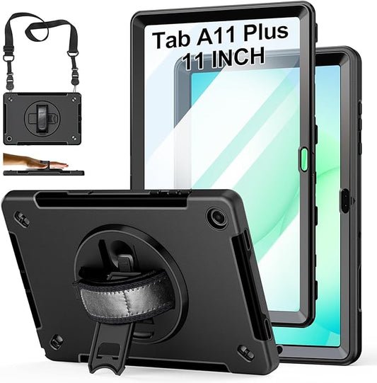 Case for Galaxy Tab A11 Plus 11 Inch: TPU Samsung Tablet A11+ Cover 2025 with 360° Rotating Stand- Screen Protector -Hand Strap - Shoulder Strap - Pencil Holder - Black