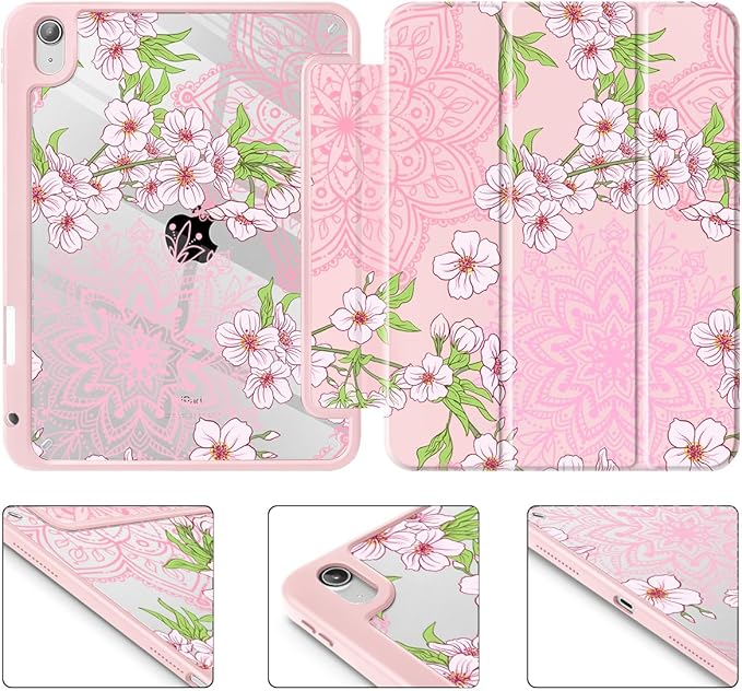 Mektron Case for 2026 iPad Air 13 inch M4 Cover Compatible 2025 iPad Air 13 inch M3 2024 iPad Air 13 inch M2 with Pencil Holder Shockproof Clear Shell Blossom Sakura-Pink