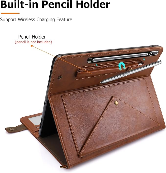 Dteck Case for Samsung Galaxy Tab S9 FE 10.9Galaxy Tab S9/S8/S7 Case 11PU Leather Business Stand Protective Cover with S Pen Holder Card Slots Shoulder Hand Strap Handbag Wallet CoverCoffee