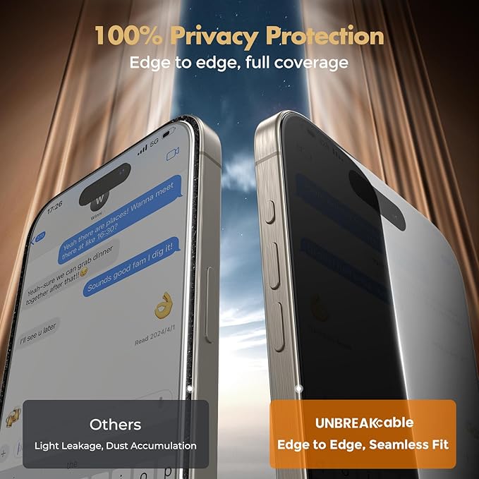 UNBREAKcable Privacy Screen Protector for iPhone 15 Pro Full Coverage Shatterproof Tempered Glass [True 28°Anti Spy] [9H Hardness] [Easy Installation Frame] 2-Pack Private Screen for iPhone 15 Pro