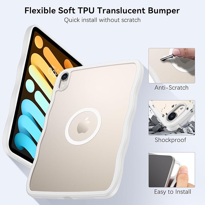 BENTOBEN Case for iPad mini 7 2024 A17 Pro/iPad mini 6 2021 Cute Wavy Magnetic iPad mini 7th/6th Gen Case Translucent Matte Shockproof Protective Tablet Cover for iPad mini 7/mini 6 8.3'' White