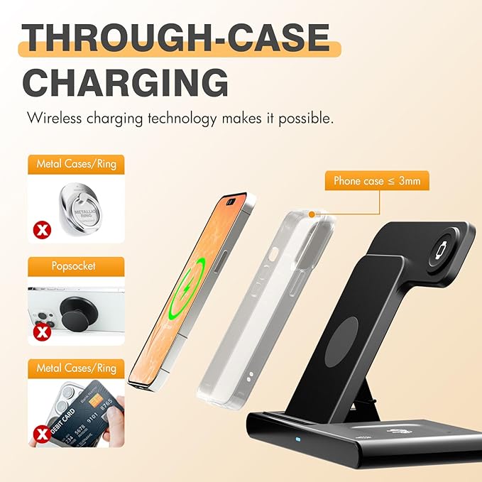 Portable 3-in-1 Wireless Charging Stand Dock Compact Design for Bedroom and Travel Compatible with iPhone 17/16/15/14/13/12 Series for Apple Watch Ultra/SE/Series 11–2 and for AirPods Pro 4/3/2
