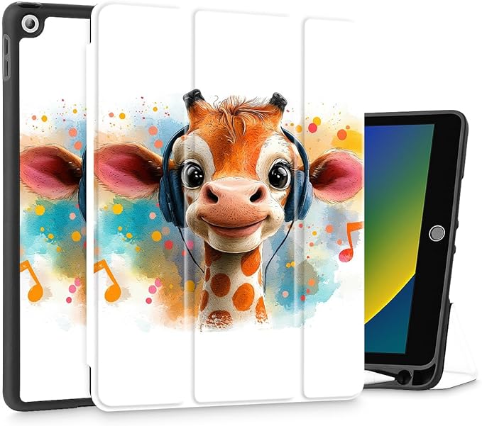 Mektron Designed Printed iPad 10.2 Case 9th Gen (2021)/ 8th Gen (2020)/ 7th Gen (2019) with Pencil Holder Slim Protective Case with Soft TPU Back Auto Wake/Sleep for iPad 10.2 Inch Cute Giraffe