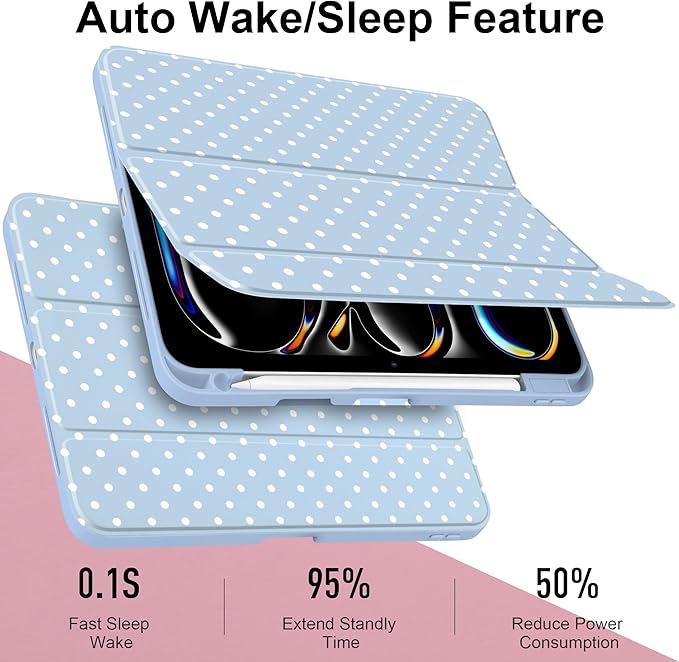 Case for iPad Pro 11 Inch (M5 2025 M4 2024) – [Built-in Pencil Holder] Shockproof &amp Stylish Clear Hard Back + Soft TPU Edge Magnetic Trifold Stand Auto Wake/Sleep Blue White dot