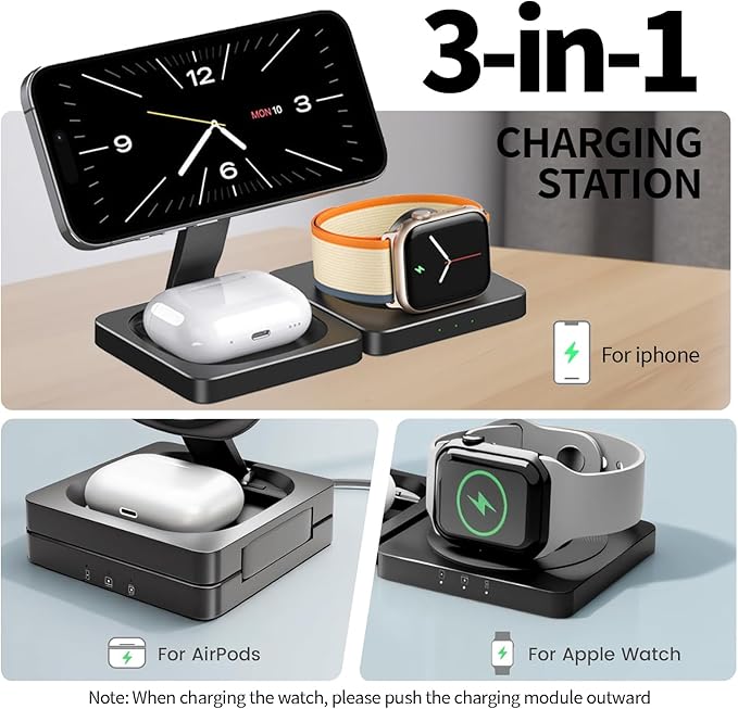 3-in-1 Foldable Wireless Charging Station Compatible with iPhone 17/16/15/14/13/12 Apple Watch AirPods Magnetic Fast Charging Stand Travel Charger