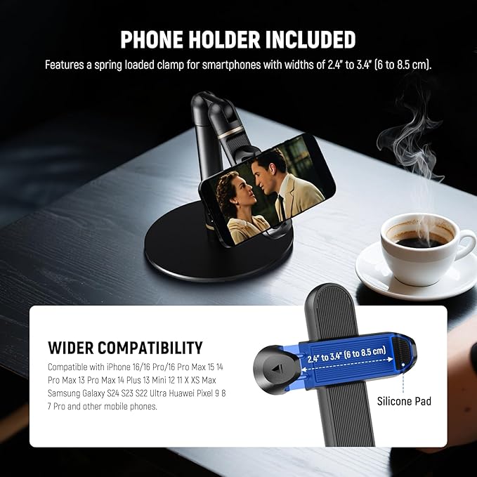 NEEWER Basics Cell Phone Stand for Desk Adjustable Phone Holder Clamp with Weighted Metal Base Office Table Phone Mount Compatible with iPhone 16 15 Pro Max Plus Samsung for Video Recording ST006