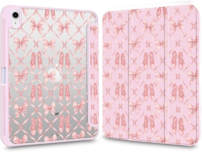 Cute Case for iPad Air 13 (M3) 2025/ (M2) 2024 Pink Coquette Ballet Bow Clear Hard Back Hybrid Casewith Pencil Holder Trifold Stand Slim Tablet Cover for Girls Women