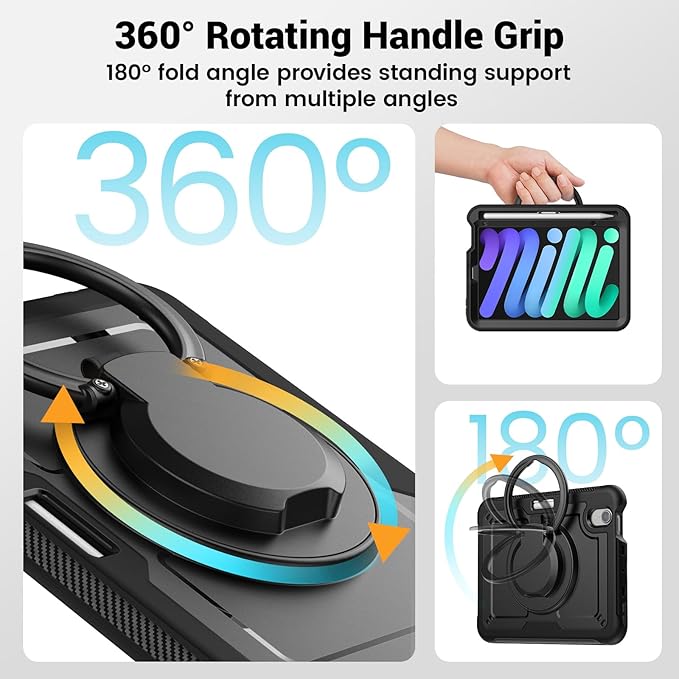 Case for iPad mini 7 (A17 Pro) 2024/ Mini 6 8.3'' with Pencil Holder Screen Protector [360 Rotating Handle &amp Stand] &ampShoulder Strap Shockproof Case for iPad mini 7th/6th Generation Black
