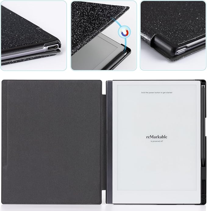 CoBak Case for Remarkable 2 Paper Tablet - Lightweight and Hard Back Shell Protective Book Folio Cover with Built-in Pen Holder - for 10.3 2020 Released (Black Glitter)