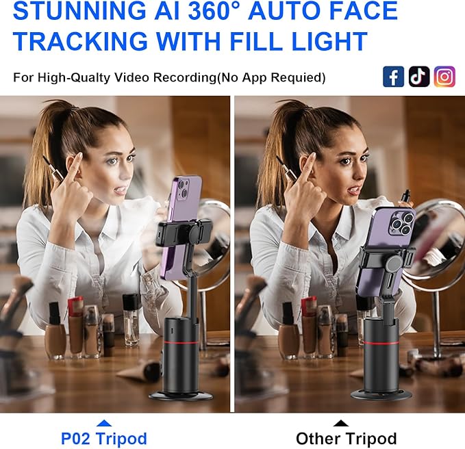 Auto Face Tracking Tripod No App Required Rechargeable Battery 360° Rotation Phone Tracking Holder Face Body Phone Camera Mount for Live Vlog Streaming Video Chat