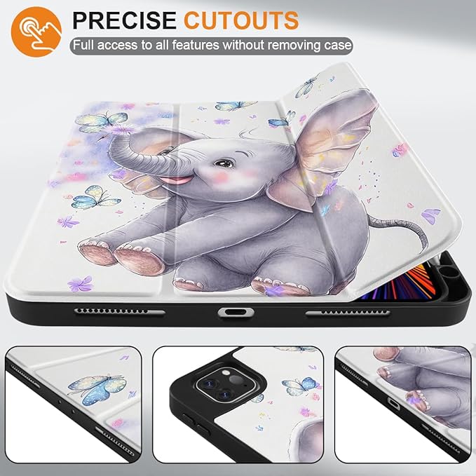 DONGKE Case for 2022/2021/2020/2018 iPad Pro 11 inch Gen 4/3/2/1 - Slim Protective Case - Built in Pencil Holder Support Charging - Trifold Stand &amp Sleep/Wake Cover - Elephant &amp Butterflies