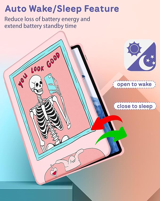for Samsung Galaxy Tab S10 Fe Case - Tab S9 Fe/S9 Case with Pencil Holder Women Girls Cute Girly Pretty Skeleton Unique Aesthetic Design Teens Rotating Tablet Cases Cover