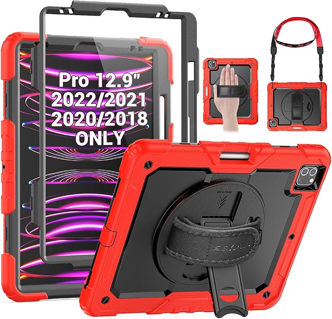 SEYMAC Case for iPad Pro 12.9 2022/2021/ 2020/2018 Heavy Duty Protection Shockproof Case with Screen Protector 360° Rotating Stand/Handle/Shoulder Strap Supports Pencil 2 Charging Red