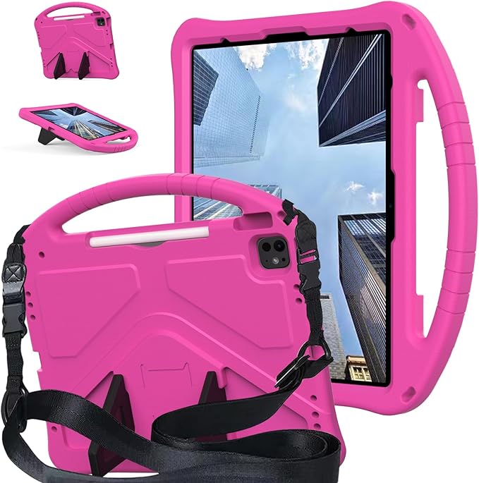 Case for iPad Air 13 inch (M2/M3) 2024/2025 for iPad Pro 13 inch (M4) 2024/12.9 inch (M2) 2022 EVA Shockproof Cover with Strap Handle Stand Pink