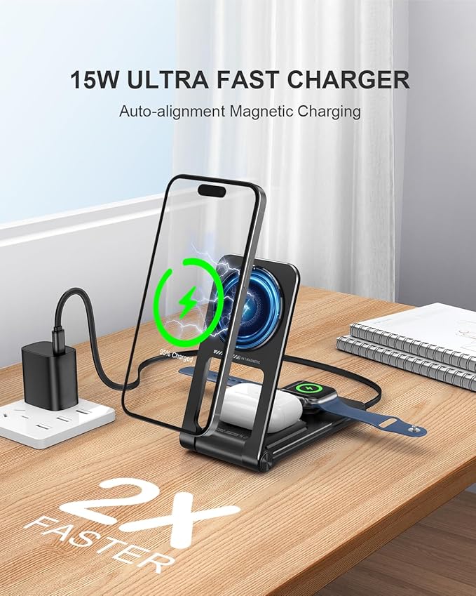 3 in 1 Magnetic Wireless ChargerFoldable Charging Station Built-in Retractable Cable15W Portable Wireless Charging Stand for iPhone 16 15 14 13 12Apple WatchAirPods (20W Adapter) (Black)