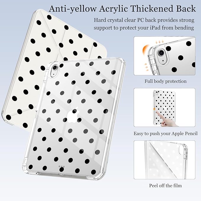 Cute Black Polka Dot for iPad Air5/Air4 Case with Pencil Holder Auto Sleep/Wake White Leather Acrylic Back Detachable Cover for iPad 10.9 Inch 2022/2020
