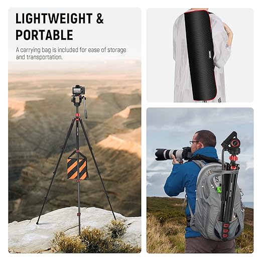NEEWER 72 Fluid Head Video Tripod Monopod Aluminum Alloy QR Plate Compatible with DJI RS Gimbal 360° Pan &amp +90°/-70° Tilt for DSLR Camera Camcorder Max Load 13.2lb/6kg TP72A