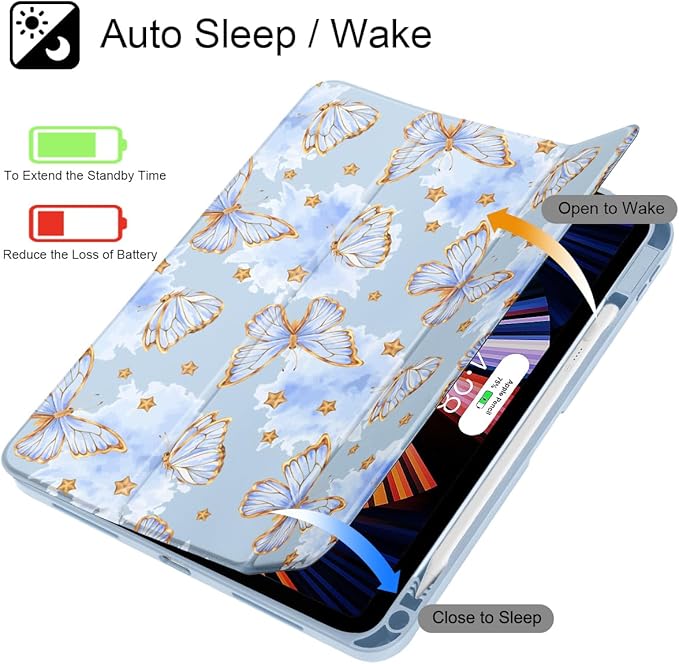 Tuiklol Case for iPad 11 inch (A16 Chip) 2025 Gen 11th / iPad 10.9 inch 2022 10th Gen Buit in Pencil Holder with Shockproof Cover Clear Transparent Back Shell Auto Wake/SleepBlue Butterfly