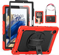 SEYMAC for Samsung Galaxy Tab A8 Case 10.5 Inch (SM-X200/ X205/ X207) Heavy Duty Full-Body Shockproof Protective Case with Screen Protector Rotating Stand Hand/Shoulder Strap and Pen Holder Red