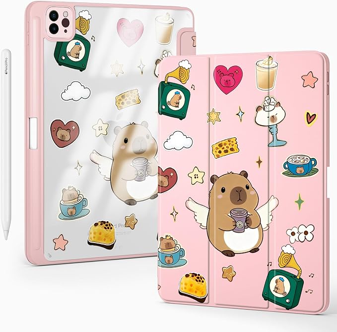 Cute Kawaii Capybara Coffee for iPad Air 11 Inch Case 7th/6th Generation (M3/M2) 2025/2024 with Pencil Holder Auto Sleep/Wake Pink Leather Clear Acrylic Back Cover