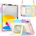 Dteck Kids Case for iPad A16/10th Generation 2025/2022 Heavy Duty Hybrid Shockproof 360°Swivel Kickstand Anti Scratch Durable Protective Case with Pencil Holder Shoulder StrapPink/Colorful