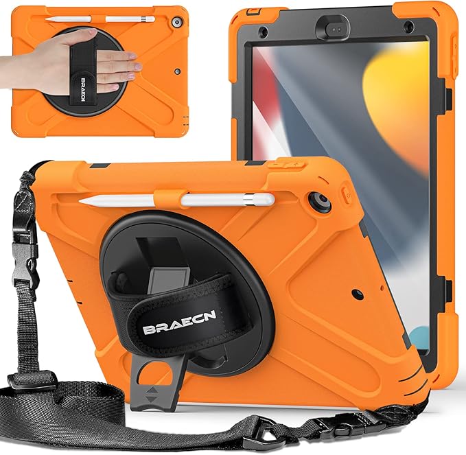 BRAECNstock for Apple iPad 9th/ 8th/ 7th Generation Case 10.2 2021/2020/2019 Shockproof Protective iPad 10.2 Kids Case with Screen Protector Pencil Holder Rotating Stand + Hand Strap Orange