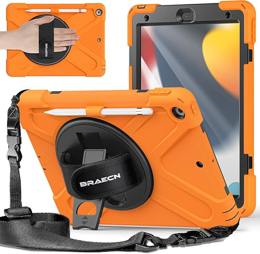 BRAECNstock for Apple iPad 9th/ 8th/ 7th Generation Case 10.2 2021/2020/2019 Shockproof Protective iPad 10.2 Kids Case with Screen Protector Pencil Holder Rotating Stand + Hand Strap Orange