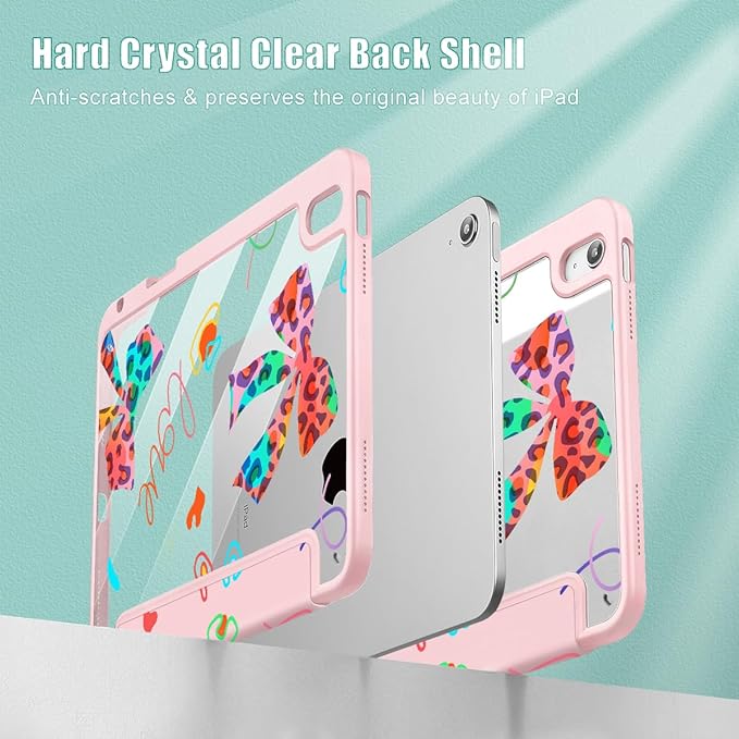 Mektron for 11th Generation iPad 11-inch A16 chip 2025 Cover with Pencil Holder Fit 10th Generation iPad 10.9-inch A14 chip 2022 Shockproof Clear Shell Neon Bows-Pink