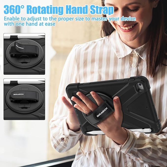 BRAECNstock for Apple iPad mini 5/4 Case 2019/2015 7.9 Shockproof Protective Cover with Pencil Holder Rotating Hand Strap &amp Stand Shoulder Strap Case for iPad mini 5th/4th Generation Black
