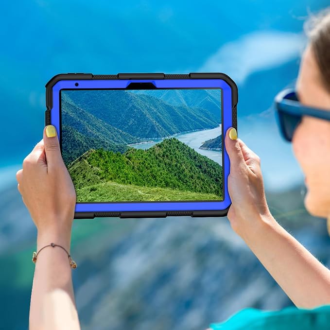 MENZO Case for iPad A16 11th Generation 11 Inch 2025 iPad 10th Gen 2022 10.9 inch 360° Rotating Stand Built-in Pencil Holder Convenient Hand and Shoulder Strap Durable Shockproof Black+Deep Blue