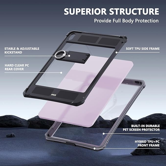MRUOZRUI Waterproof Tablet Case for iPad Air 11inch 6th M2 2024/ 7th M3 2025 8th M4 2026 5/4 10.9inch Built-in Screen Protector Pencil Holder Fit with Magic Keyboard Strap Kickstand Black &amp G