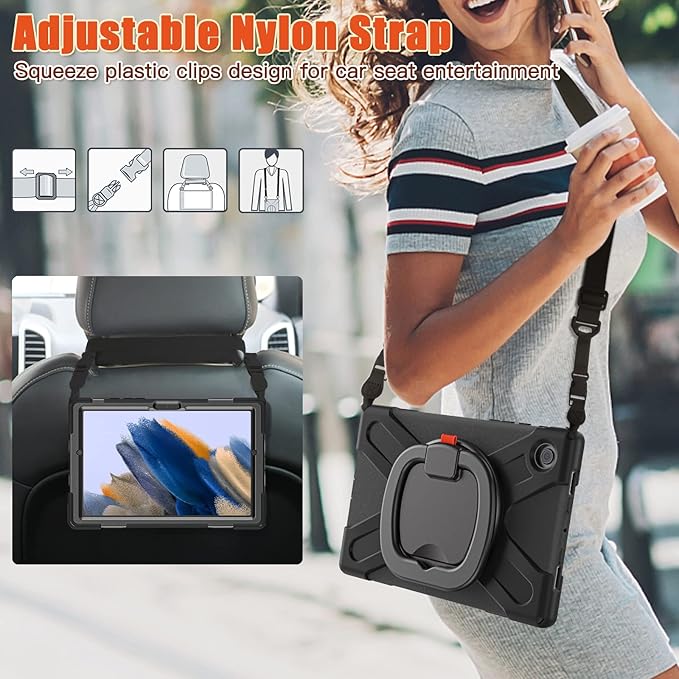 Case for Galaxy Tab A8 10.5 2022 (SM-X200/ X205/ X207) Heavy Duty Protective Case with 360 Degree Swivel Stand&ampHand Strap&ampShoulder Strap (Black)