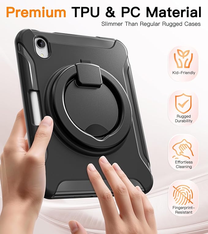 BATYUE Shockproof Case for iPad mini 7 (A17 Pro)/ Mini 6 8.3 inch (2024/2021) - 360° Multi-Angle Stand (Portrait &amp Landscape) &amp Grip Built-in Pencil Holder Black