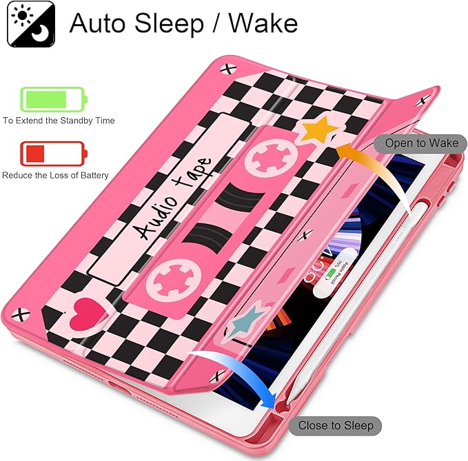 for iPad 9th Generation with Pencil Holder iPad 8th/7th Gen Case 10.2-inch [Built in Pencil Holder] Trifold Stand Auto Wake/Sleep Clear TPU Protection Back Cover Cassette Tape