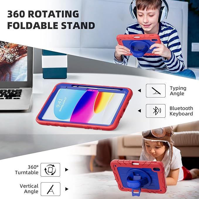 Case for iPad 10th Generation 10.9inch 2022with Built-in Screen Protector and KickstandHand StrapShoulder Strap for New Apple iPad 10.9 Inch(Red/Blue)