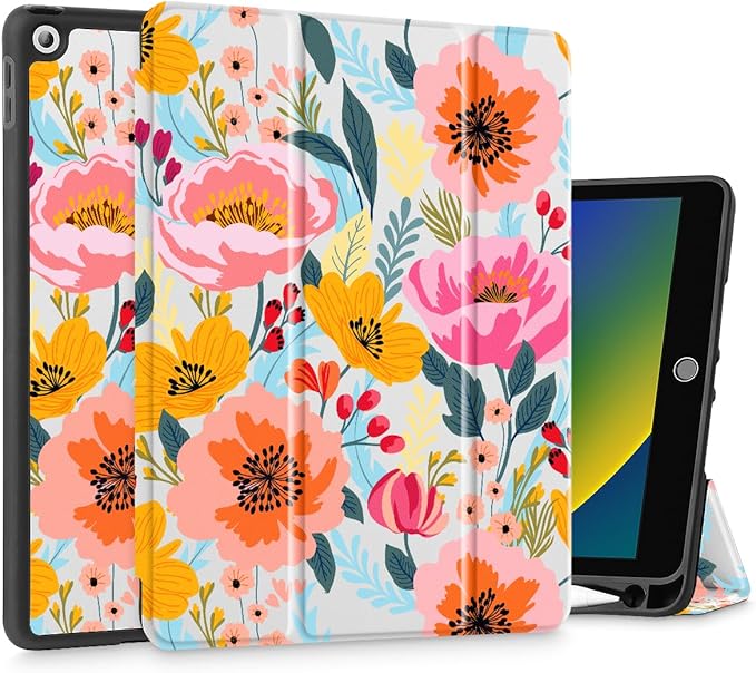 Tuiklol Case for iPad 10.2 Inch 2021 2020 2018 Release 9th / 8th / 7th Generation Built-in Pencil Holder TPU Protective Stand Back Cover Trifold Stand-Auto Wake/Sleep Vibrant Floral